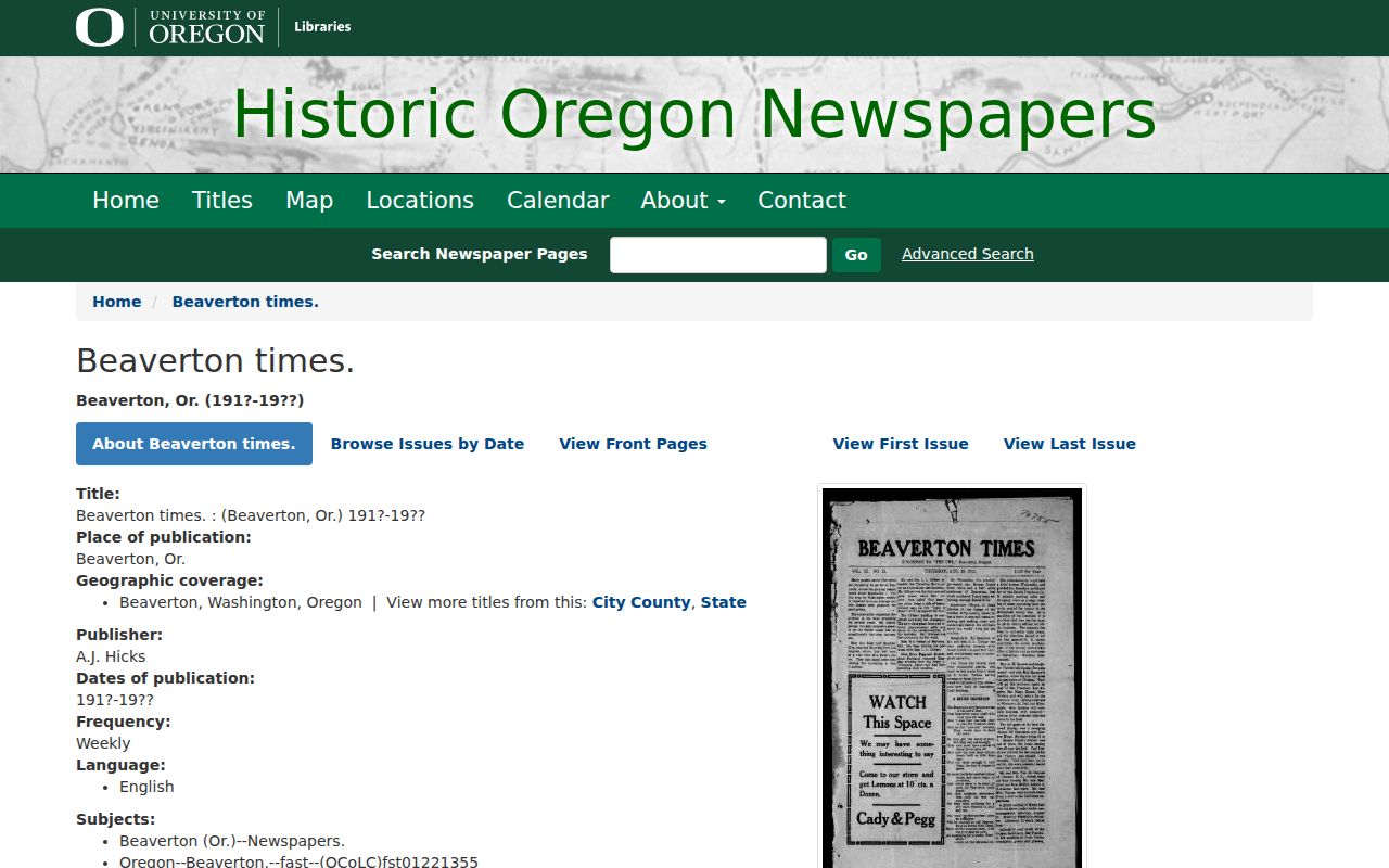 Beaverton previous residents search in the Beaverton Times newspaper archive