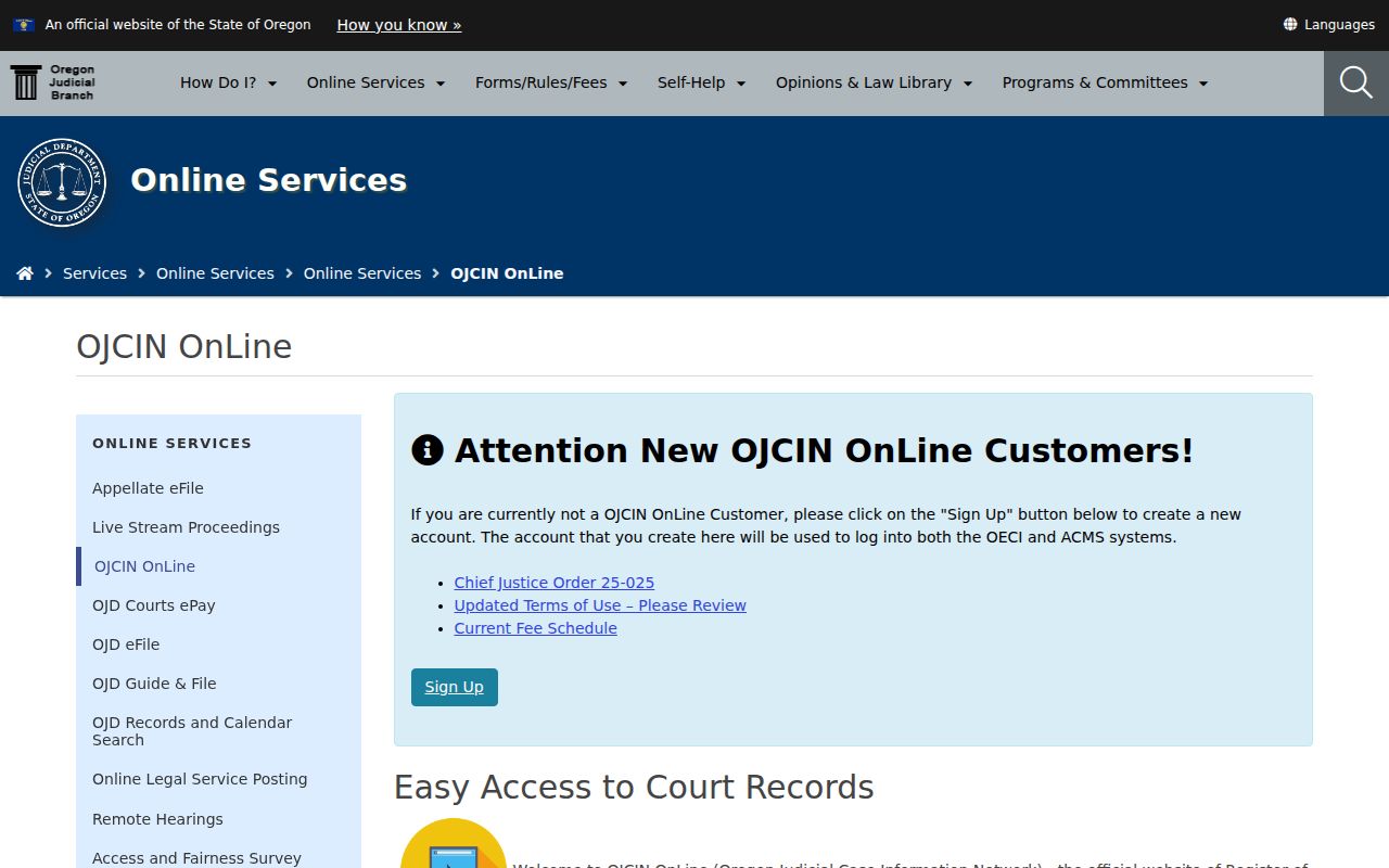 Beaverton resident lookup OJCIN Online court access screen