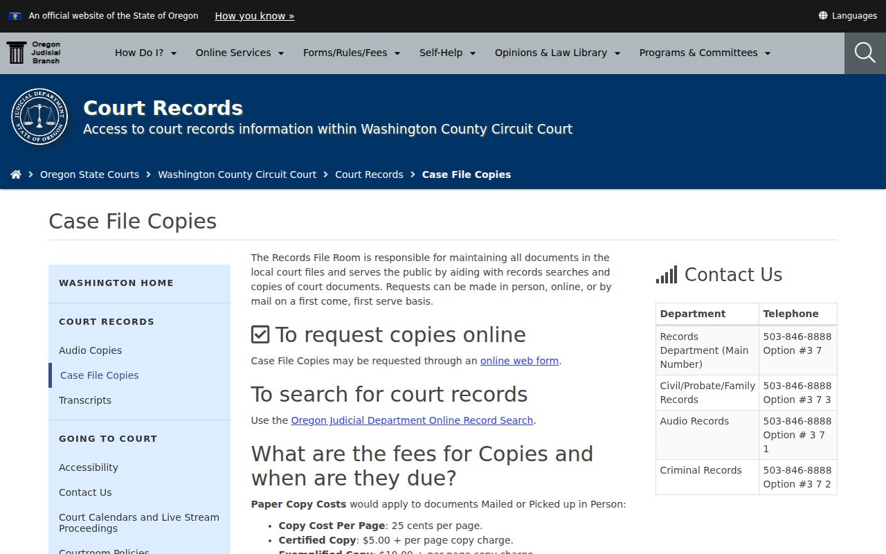 Beaverton resident lookup Washington County Circuit Court records request page